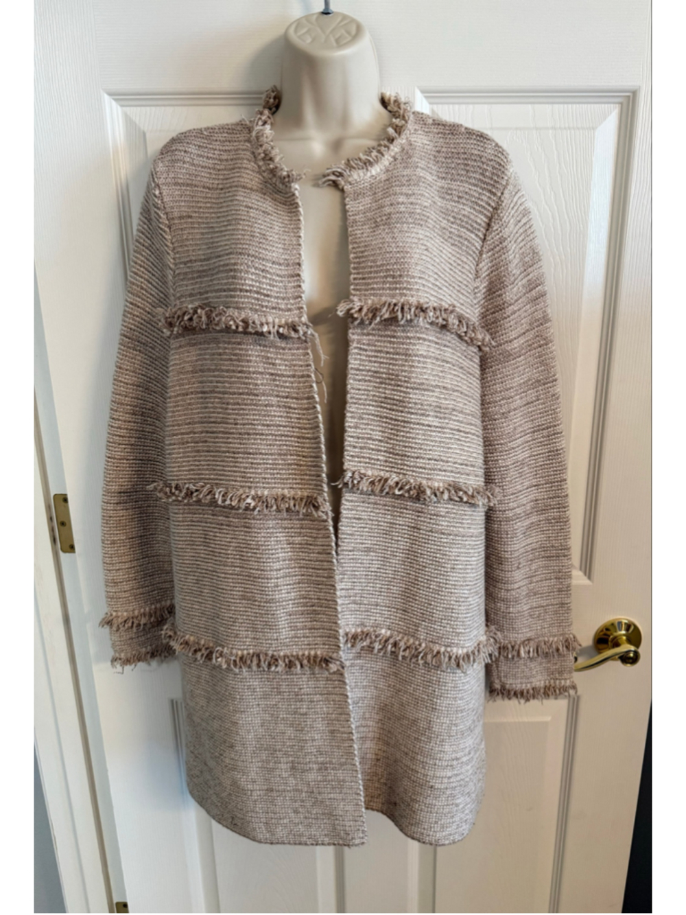Chico's Fringe Tweed Open Front Longline Cardigan Beige Gold Metallic 3 / XL